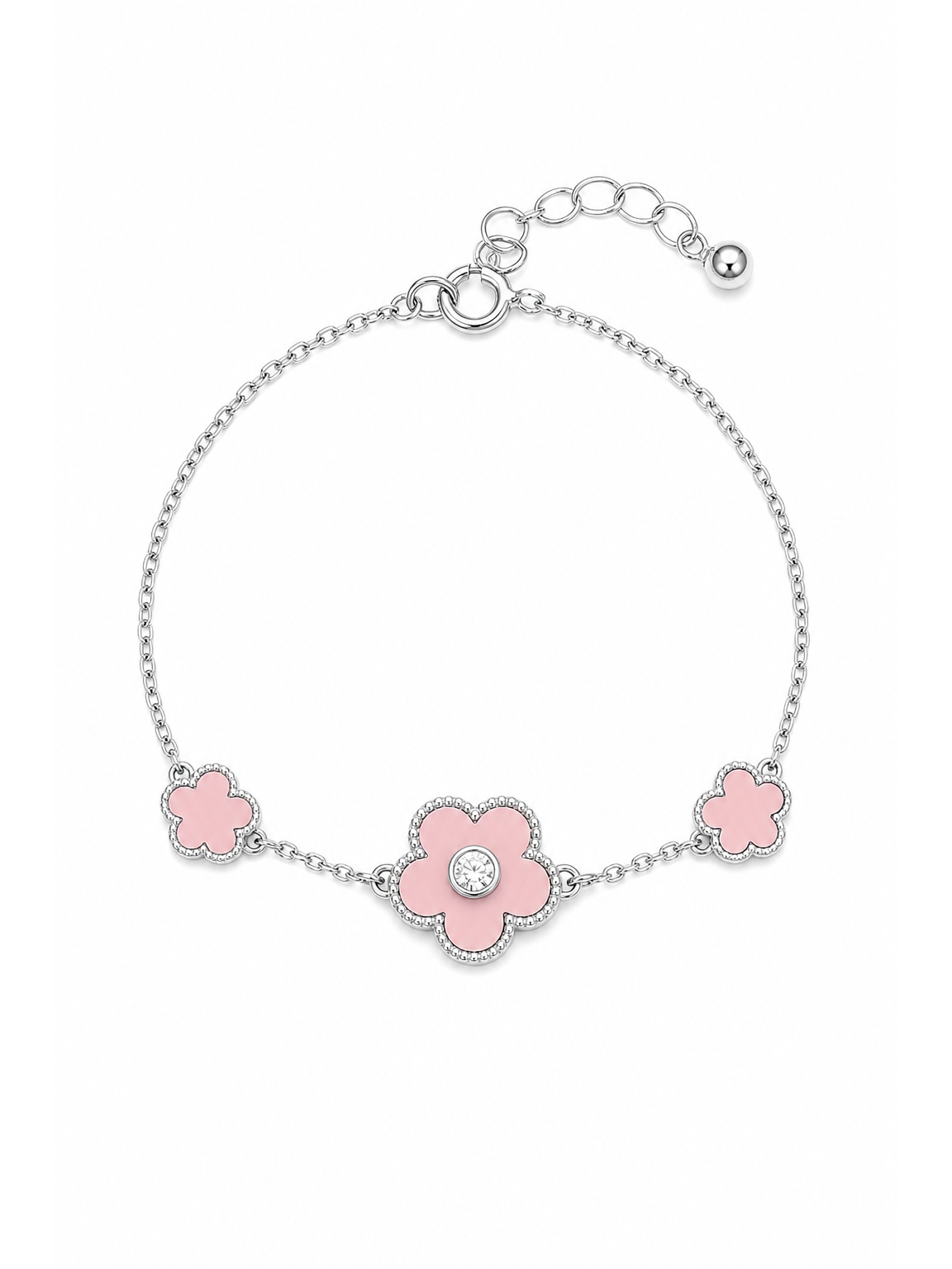 Rhodium Plated Pink Flower Chain Bracelet 1