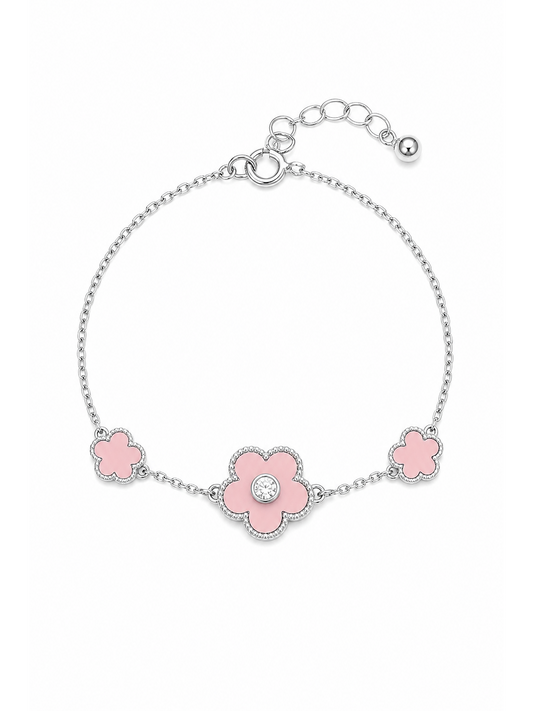 Rhodium Plated Pink Flower Chain Bracelet 1