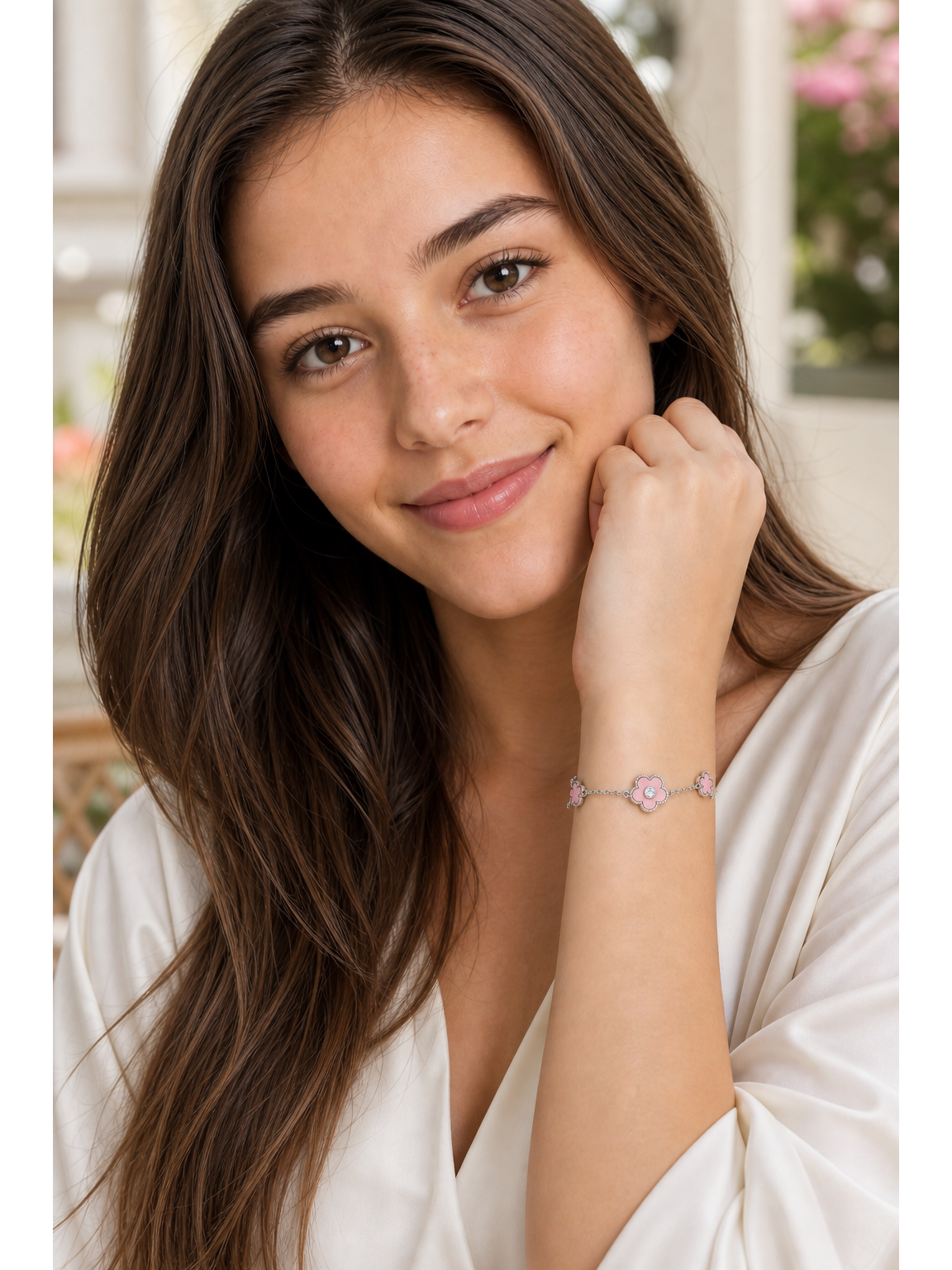 Rhodium Plated Pink Flower Chain Bracelet 3