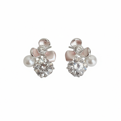 Pink Flower With Zircon & Pearl Beads Rhodium Plated with Sterling Silver Posts Earring 1