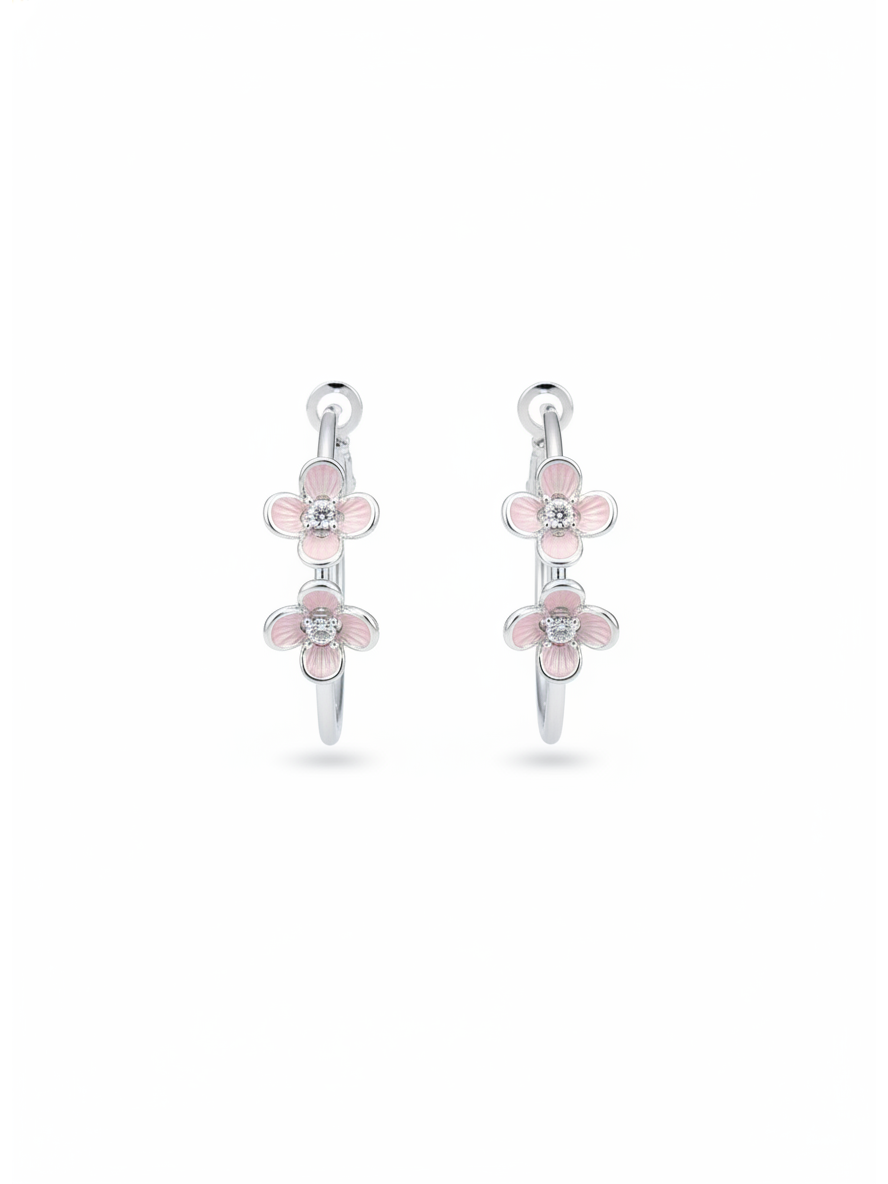 Plated Pink Flower Hoop Rhodium with Sterling Silver Posts Earring 1