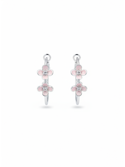 Plated Pink Flower Hoop Rhodium with Sterling Silver Posts Earring 1