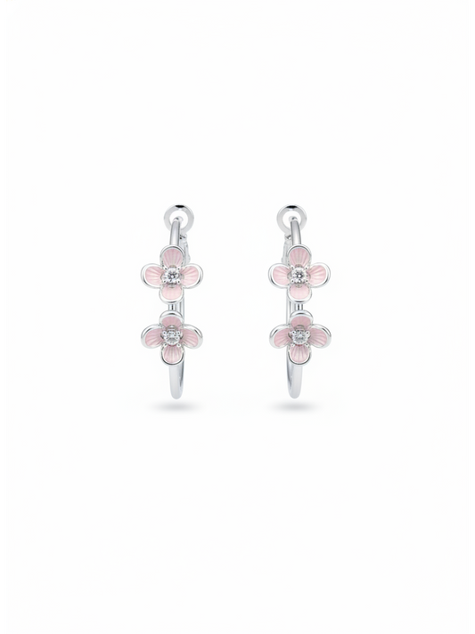 Plated Pink Flower Hoop Rhodium with Sterling Silver Posts Earring 1