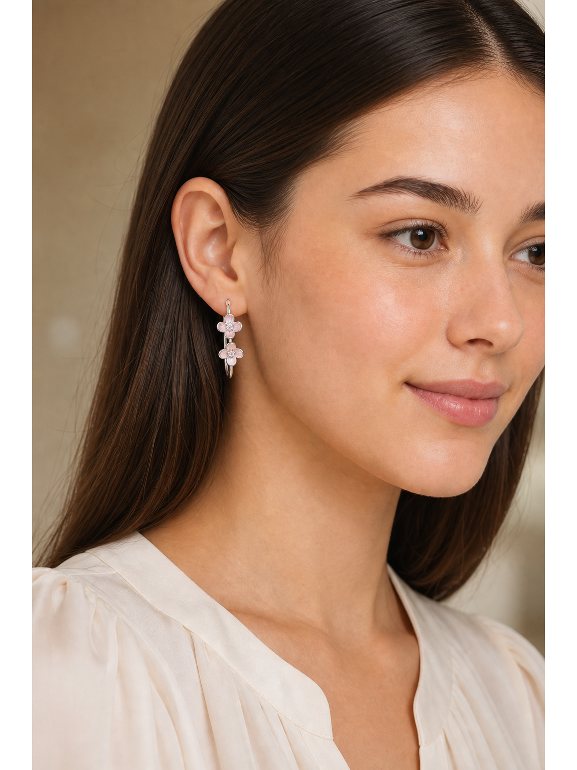Plated Pink Flower Hoop Rhodium with Sterling Silver Posts Earring 3