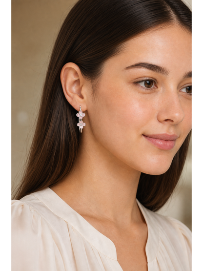 Plated Pink Flower Hoop Rhodium with Sterling Silver Posts Earring 3