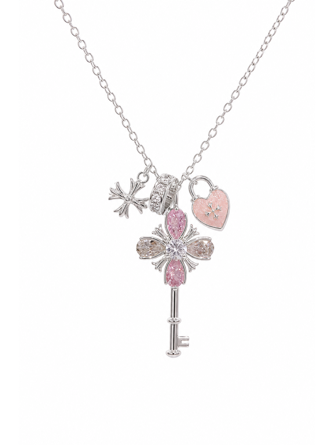 Rhodium Plated Pink Key Charm Necklace 1