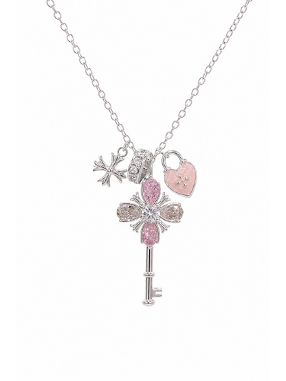 Rhodium Plated Pink Key Charm Necklace 1