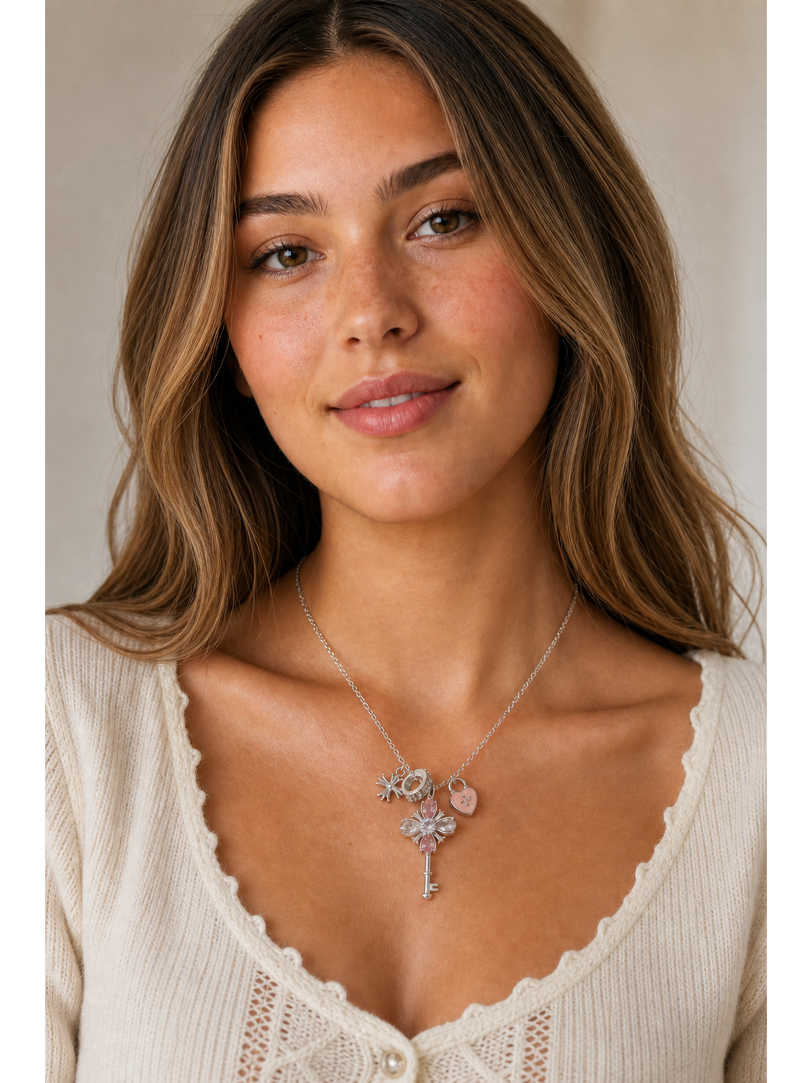 Rhodium Plated Pink Key Charm Necklace 2