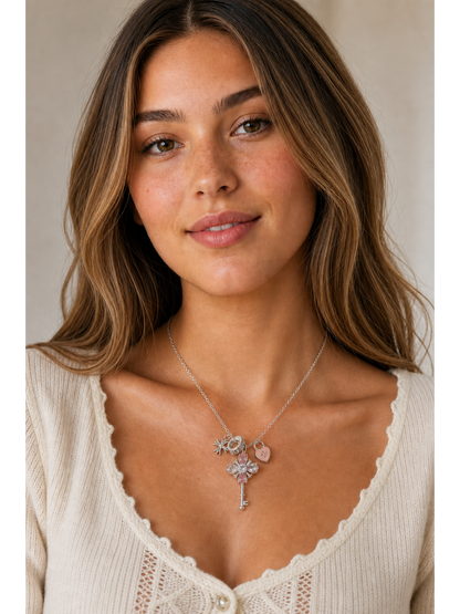 Rhodium Plated Pink Key Charm Necklace 2