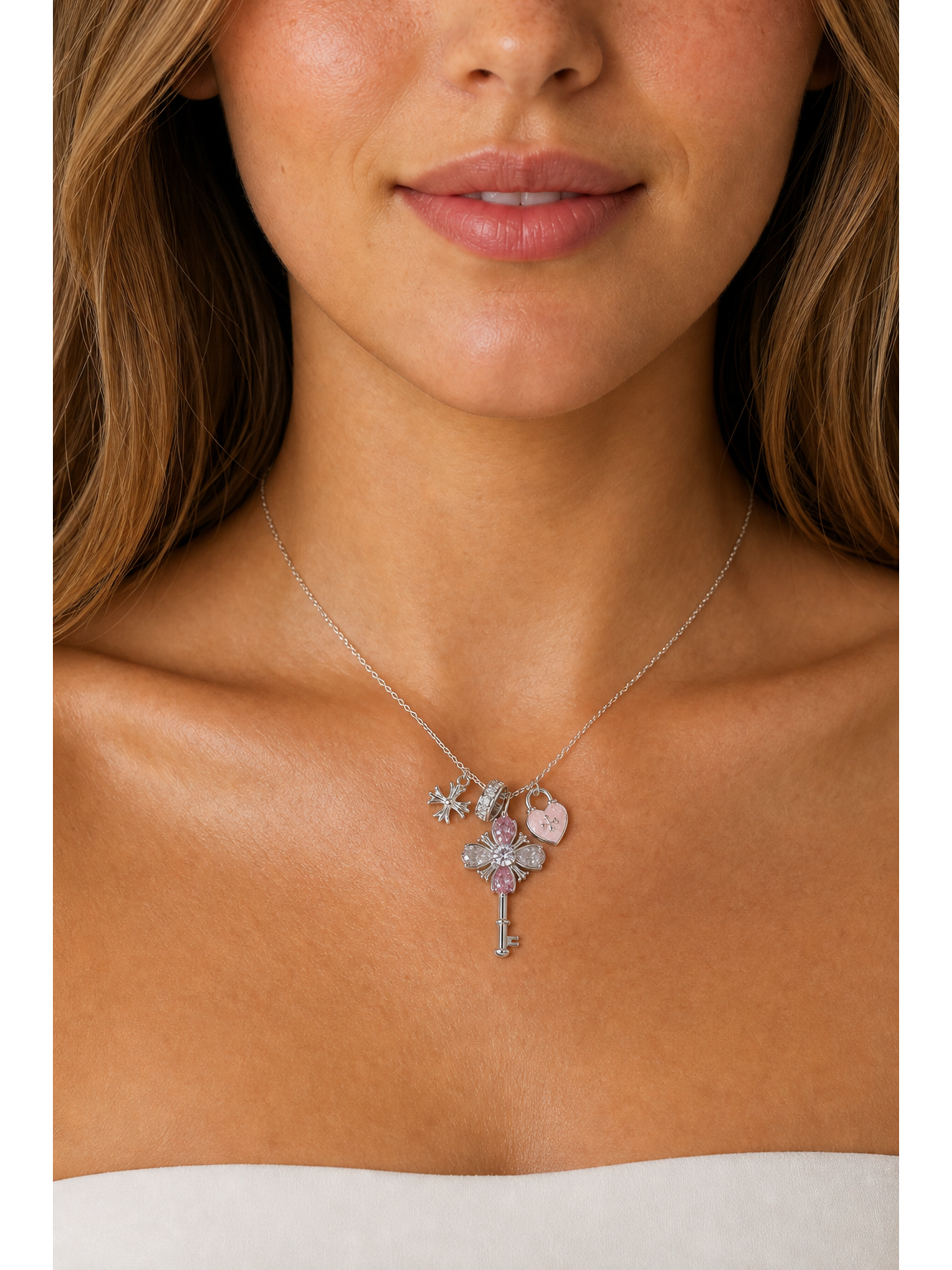Rhodium Plated Pink Key Charm Necklace 3