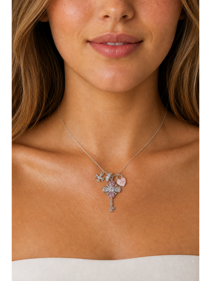 Rhodium Plated Pink Key Charm Necklace 3