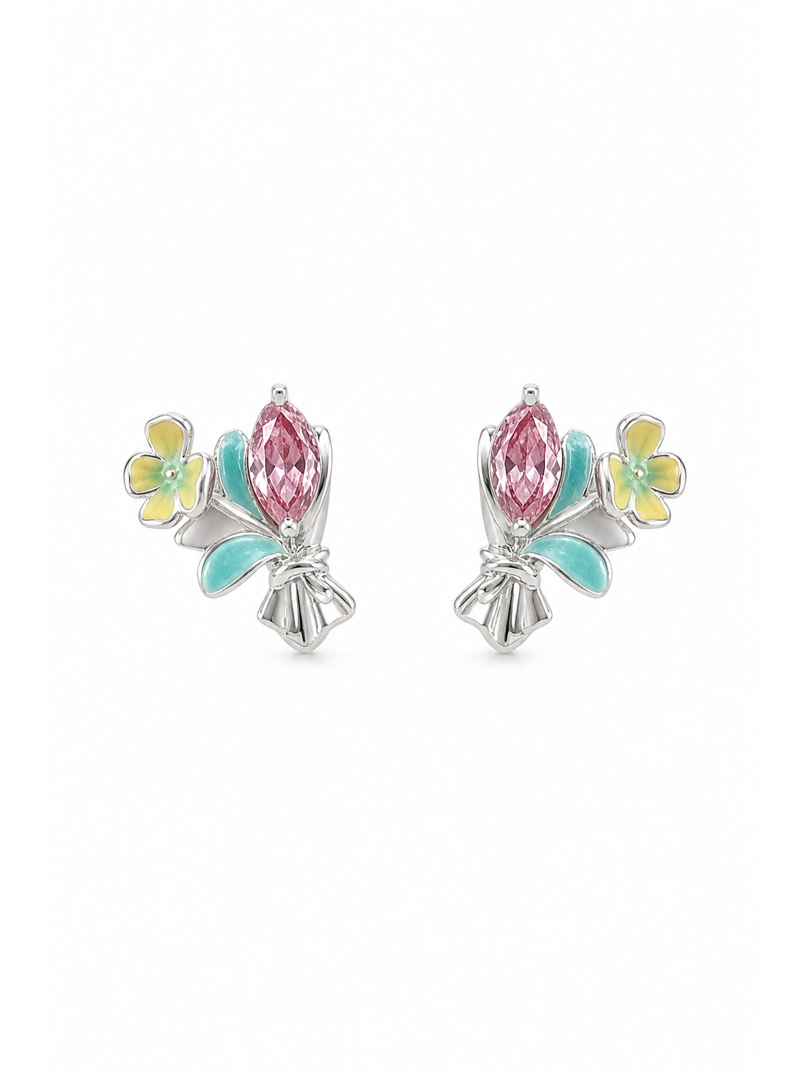 Plated Pink Zircon Floral Bouquet Rhodium with Sterling Silver Posts Earring 1