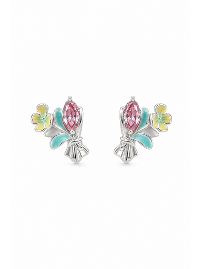 Plated Pink Zircon Floral Bouquet Rhodium with Sterling Silver Posts Earring 1
