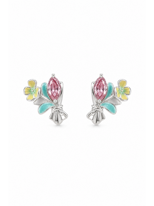 Plated Pink Zircon Floral Bouquet Rhodium with Sterling Silver Posts Earring 1