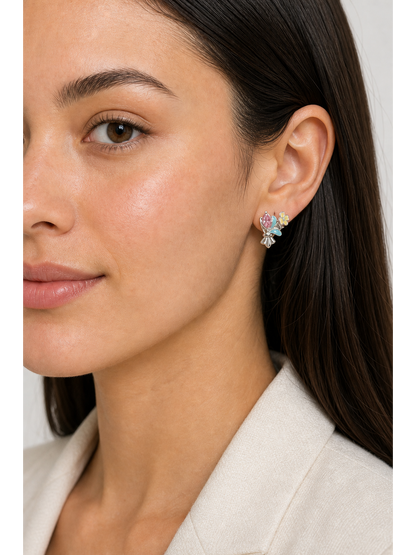 Plated Pink Zircon Floral Bouquet Rhodium with Sterling Silver Posts Earring 3