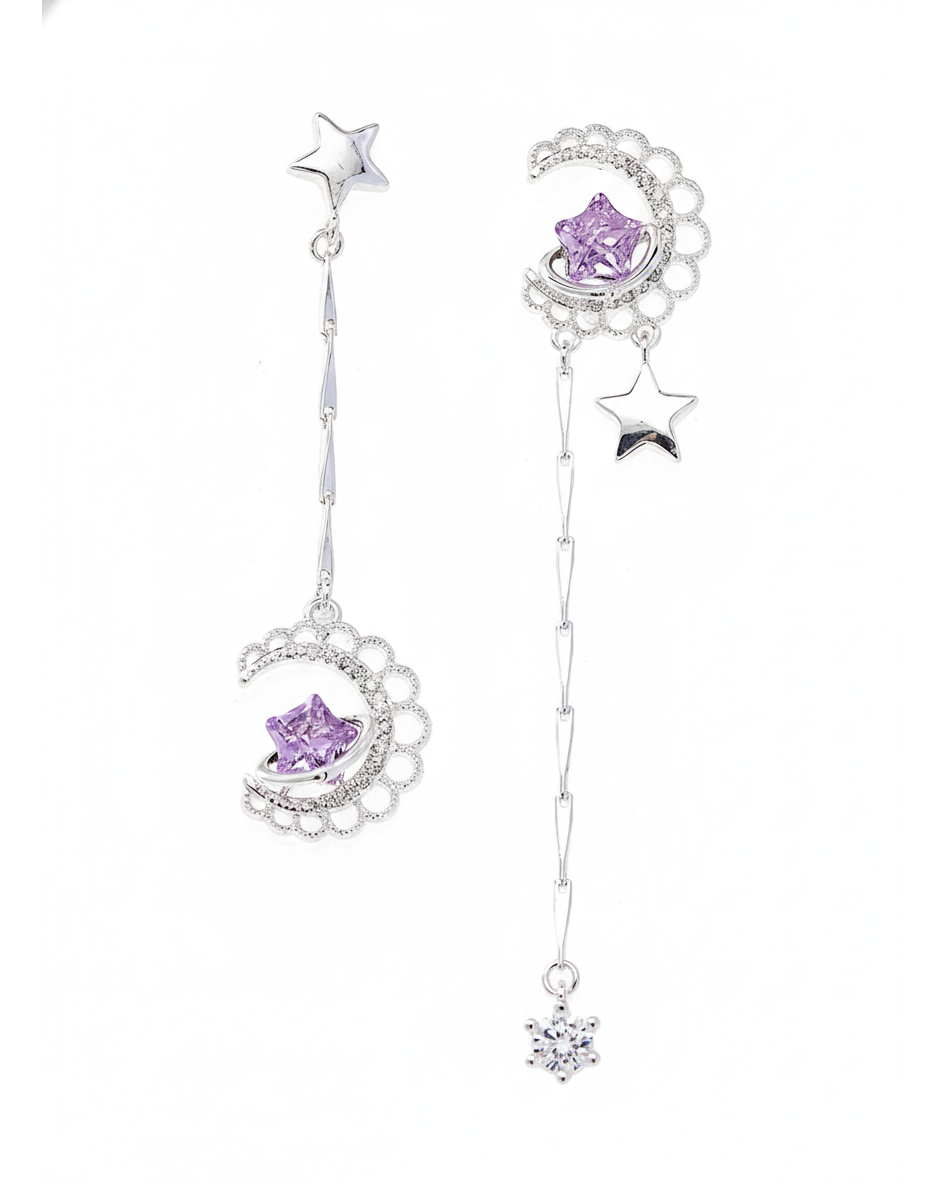 -plated Purple Asymmetrical Moon Star Drop Rhodium with Sterling Silver Posts Earring 1