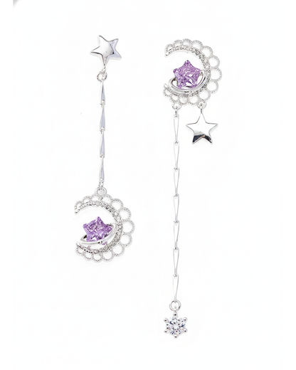 -plated Purple Asymmetrical Moon Star Drop Rhodium with Sterling Silver Posts Earring 1