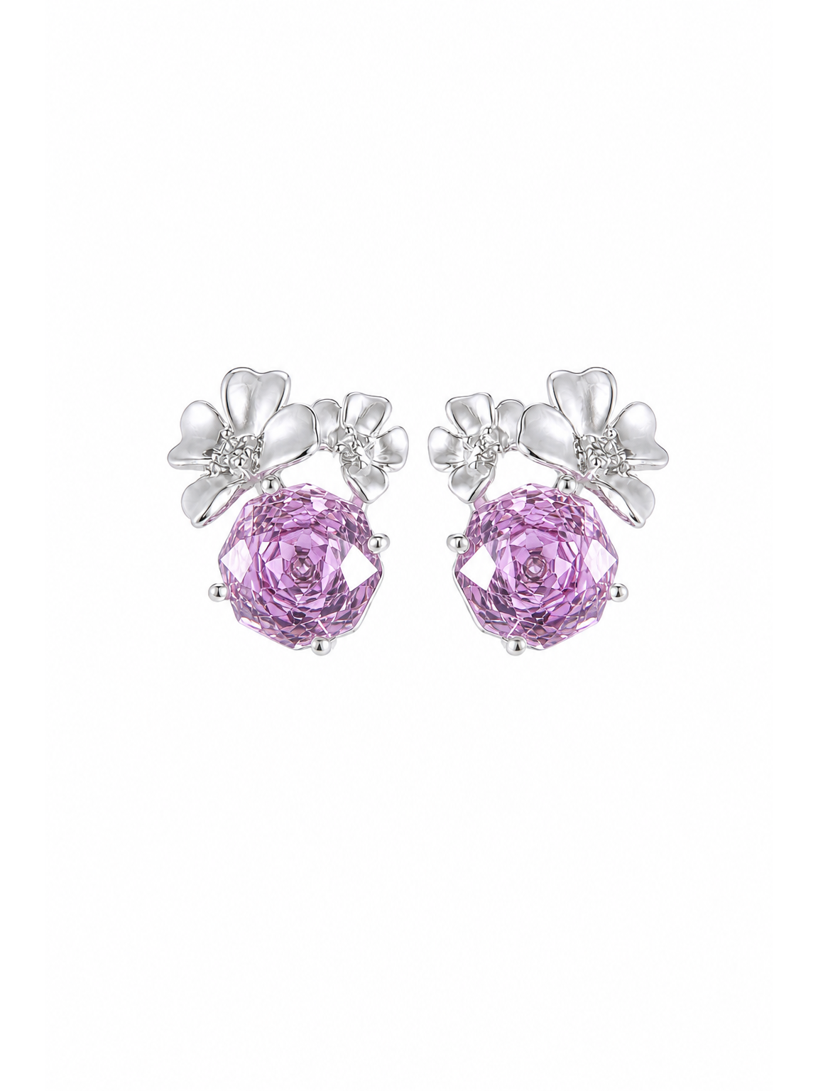 Plated Purple Rose Cut Flower Rhodium with Sterling Silver Posts Earring 1