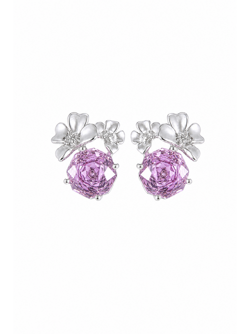 Plated Purple Rose Cut Flower Rhodium with Sterling Silver Posts Earring