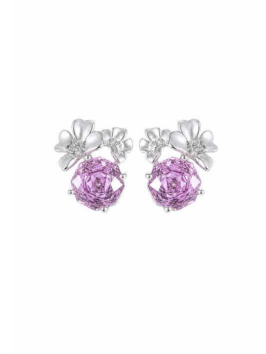 Plated Purple Rose Cut Flower Rhodium with Sterling Silver Posts Earring 1
