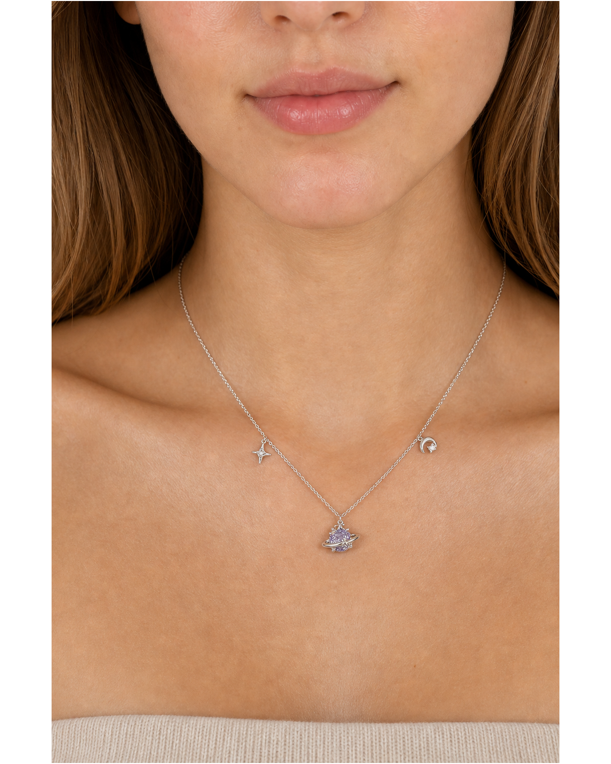 Rhodium Plated Rose Nebula Planet Necklace 3