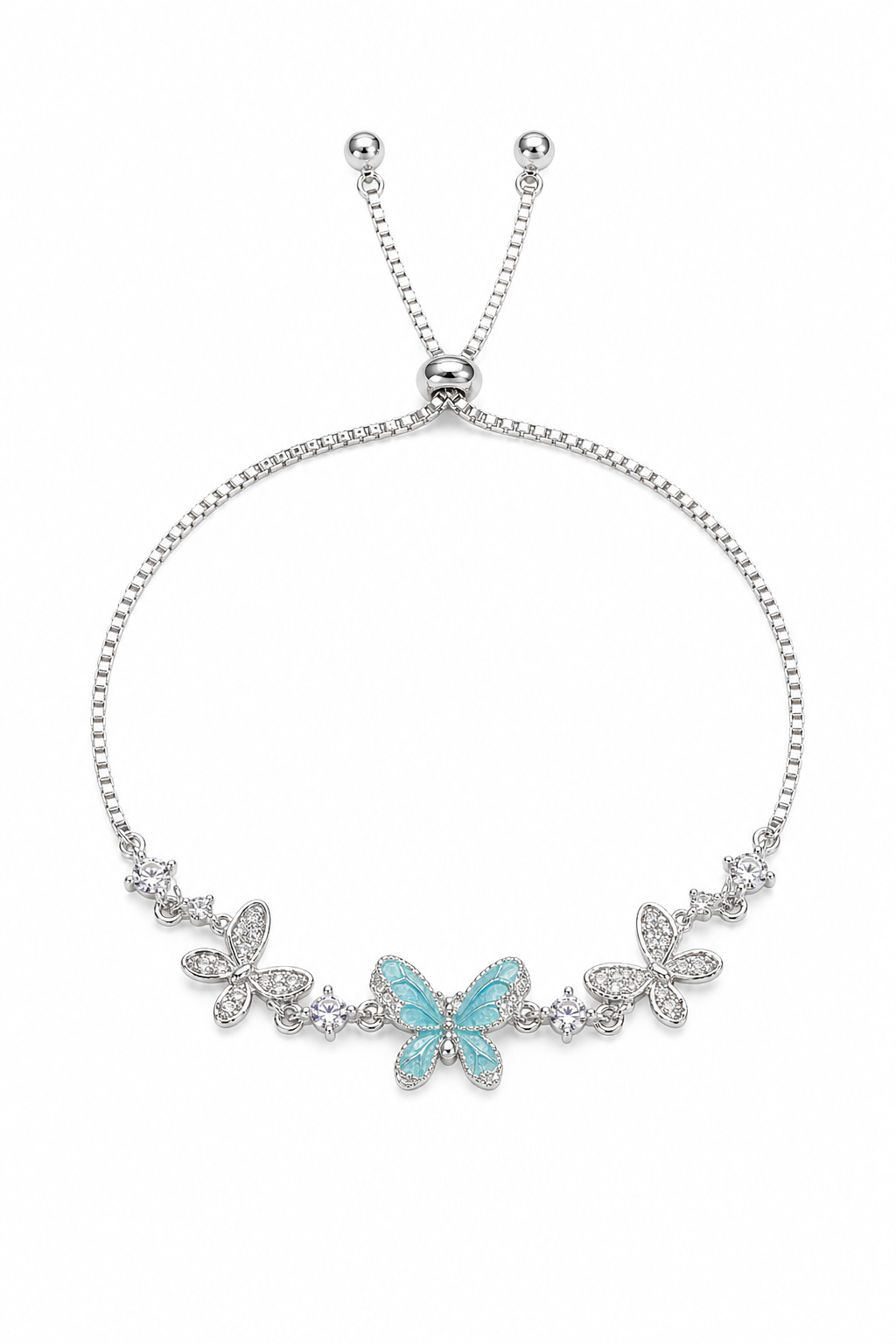 Rhodium Plated Silver Butterfly Bracelet with Sliding Ball Clasp 1