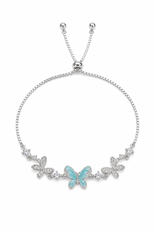 Rhodium Plated Silver Butterfly Bracelet with Sliding Ball Clasp 1