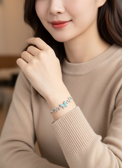 Rhodium Plated Silver Butterfly Bracelet with Sliding Ball Clasp 2