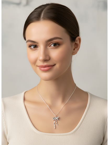 Rhodium Plated Silver Bow Necklace 45cm 2