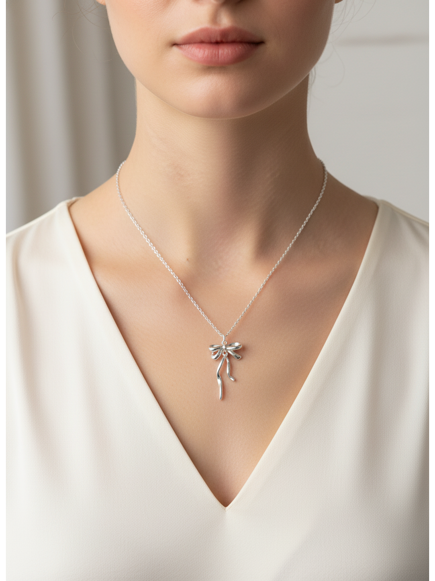 Rhodium Plated Silver Bow Necklace 45cm 3