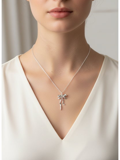 Rhodium Plated Silver Bow Necklace 45cm 3