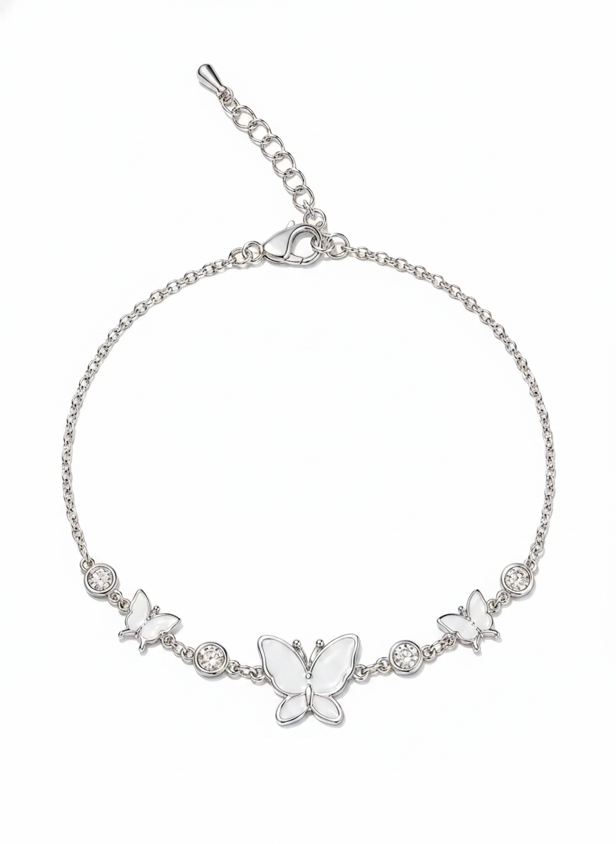 Rhodium Plated Silver Butterfly Bracelet with Zircon Accents 1