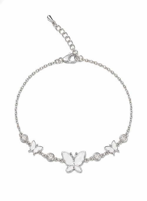Rhodium Plated Silver Butterfly Bracelet with Zircon Accents