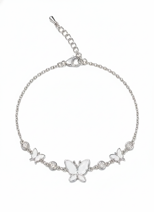 Rhodium Plated Silver Butterfly Bracelet with Zircon Accents 1
