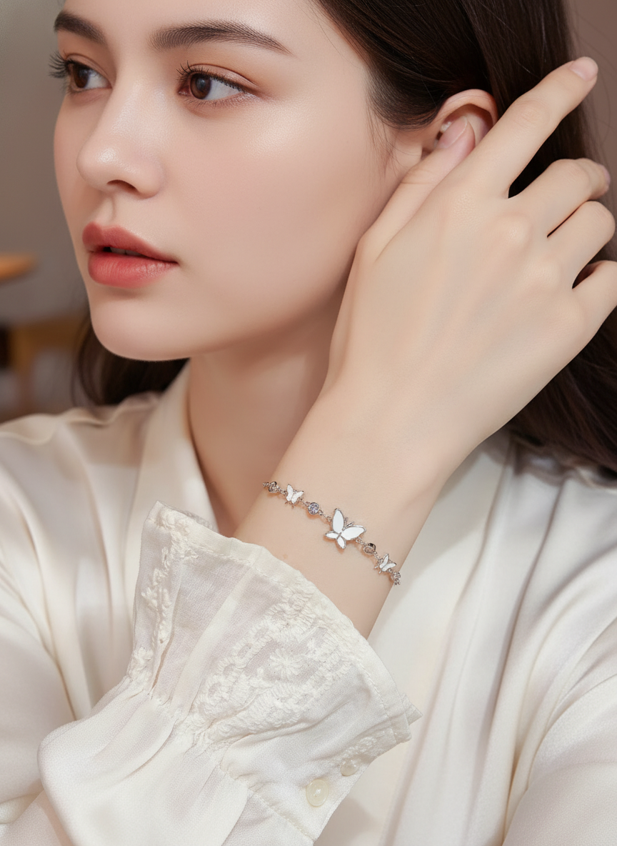 Rhodium Plated Silver Butterfly Bracelet with Zircon Accents 3