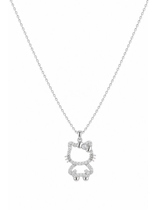 Rhodium Plated Silver Cat Pendant Necklace 1