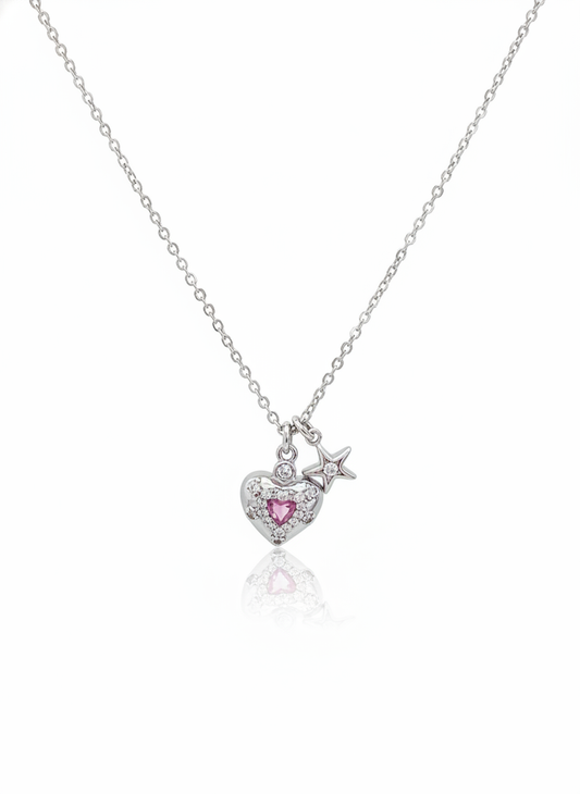 Rhodium Plated Silver Heart and Star Charm Necklace 1