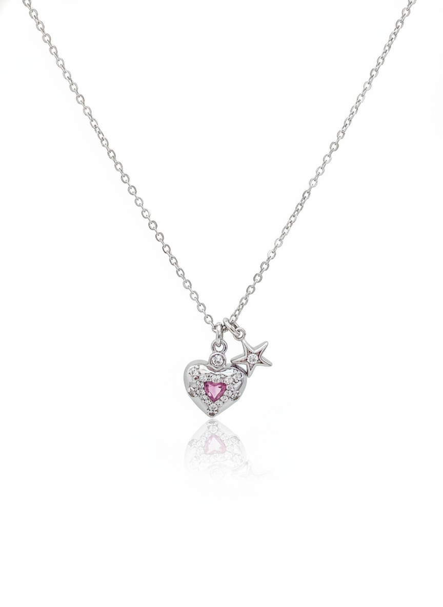 Rhodium Plated Silver Heart & Star Pendant Necklace 45cm 1