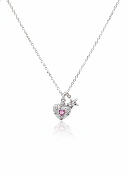 Rhodium Plated Silver Heart & Star Pendant Necklace 45cm 1