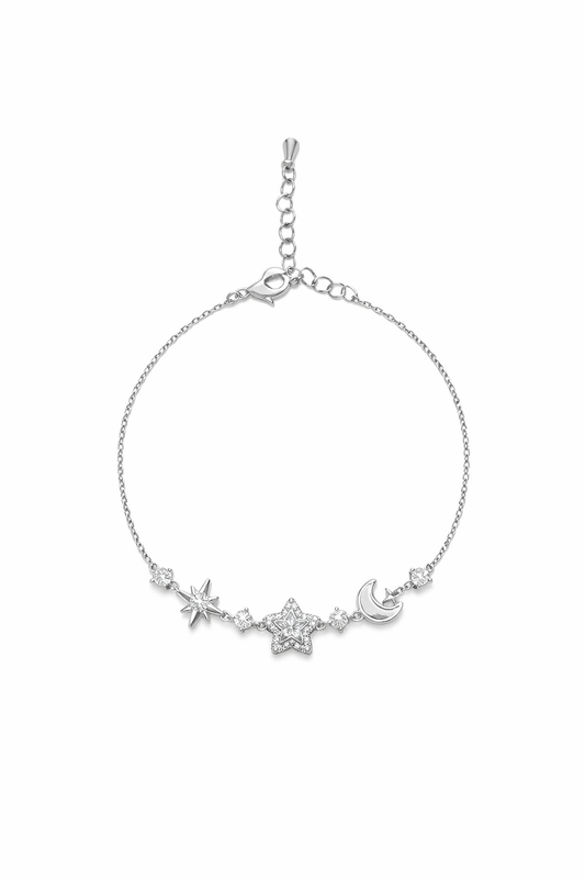 Rhodium Plated Star and Moon Bracelet with Cubic Zirconia 1