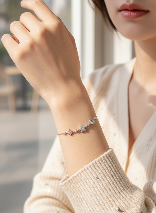 Rhodium Plated Star and Moon Bracelet with Cubic Zirconia 2