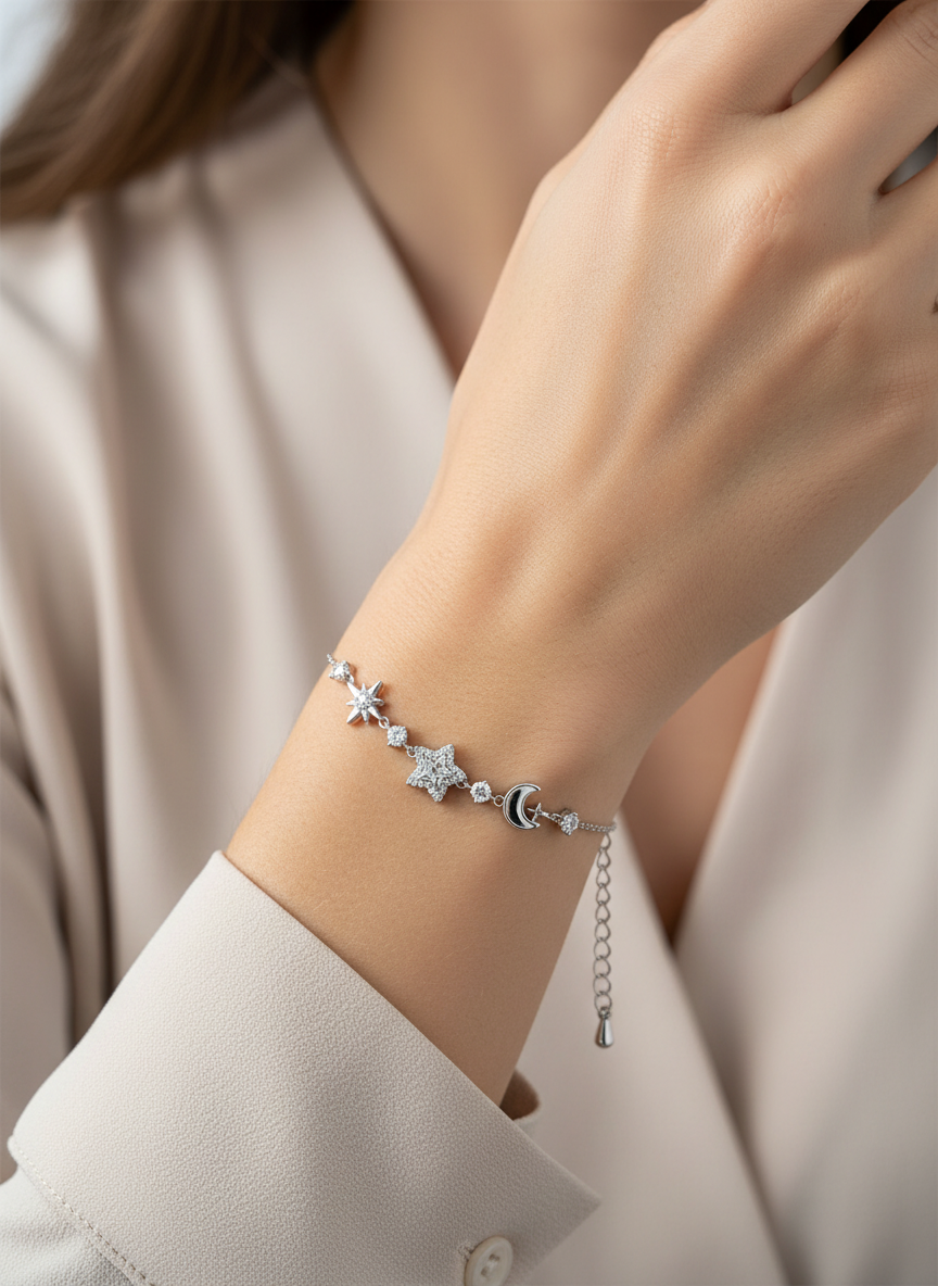 Rhodium Plated Star and Moon Bracelet with Cubic Zirconia 3