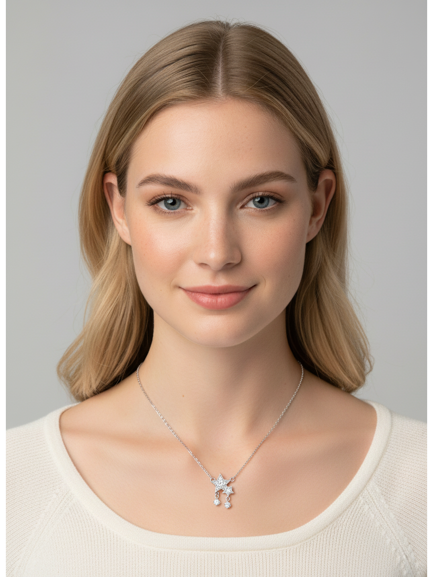 Rhodium Plated Star Pendant Necklace with Zircon Accents, 45cm 2