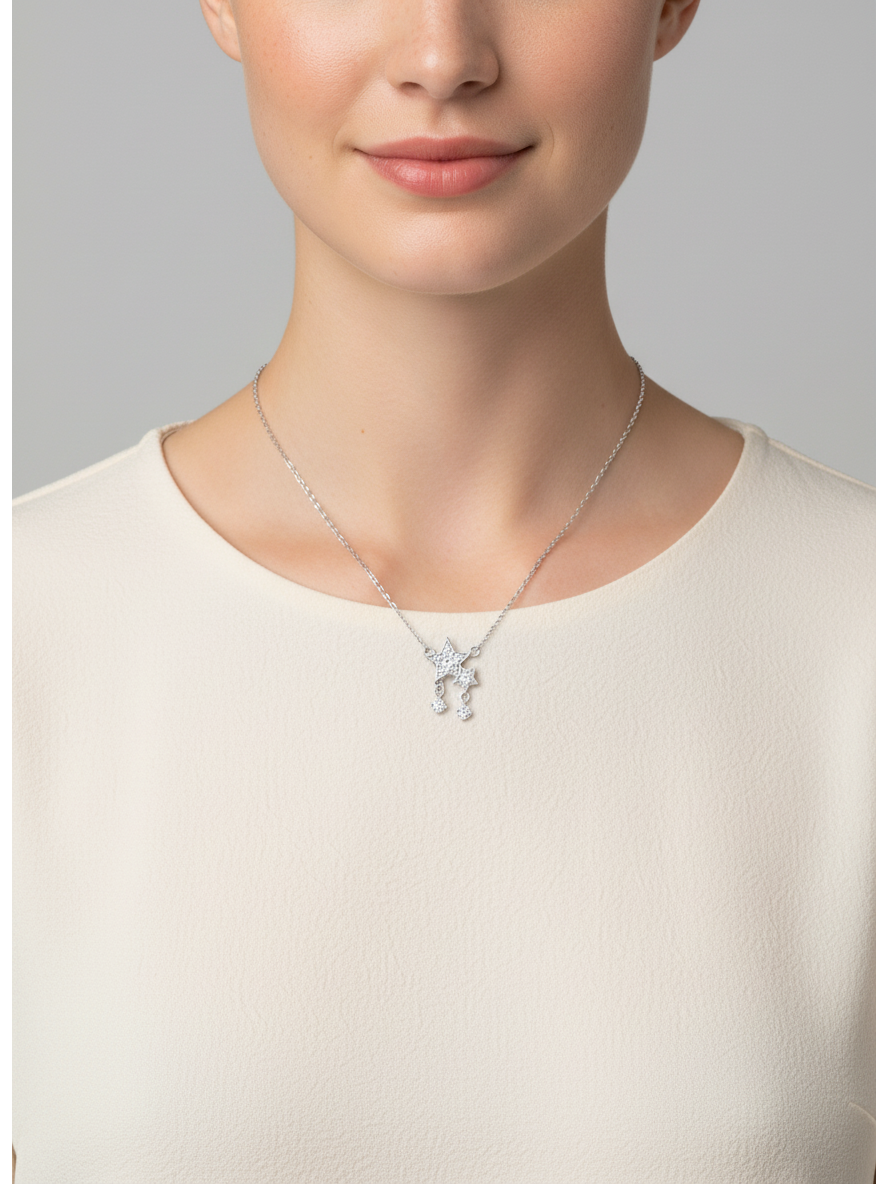 Rhodium Plated Star Pendant Necklace with Zircon Accents, 45cm 3