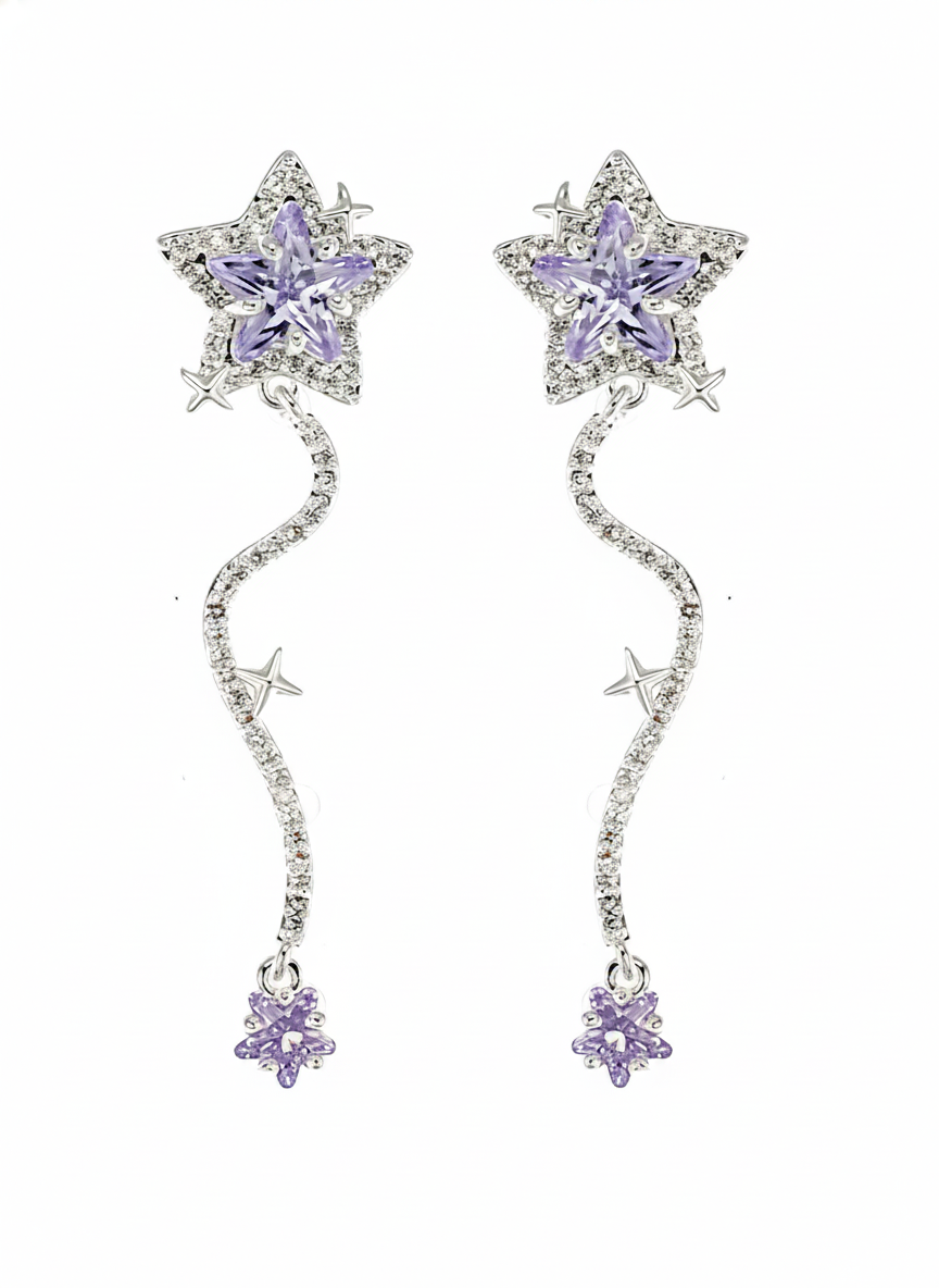 Plated Silver Star Tassel With Purple Zircon Rhodium with Sterling Silver Posts Earring 1