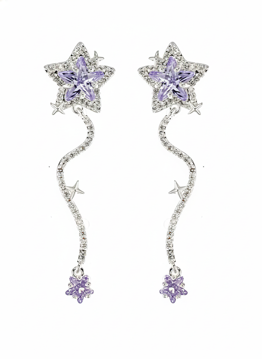 Plated Silver Star Tassel With Purple Zircon Rhodium with Sterling Silver Posts Earring 1