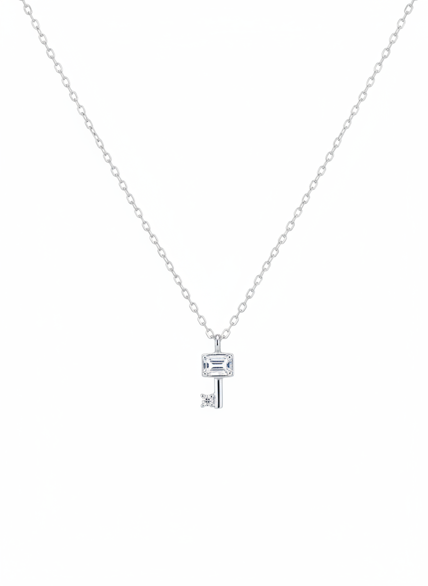 Rhodium Plated Sterling Silver Key Pendant Necklace 1