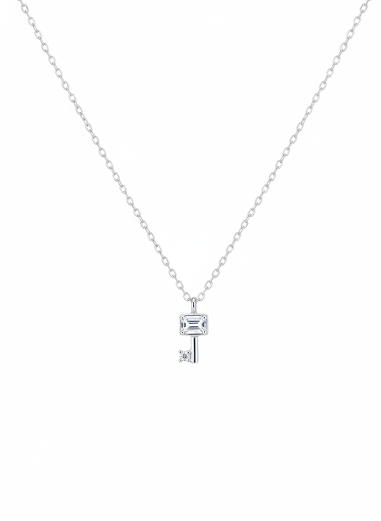 Rhodium Plated Sterling Silver Key Pendant Necklace 1