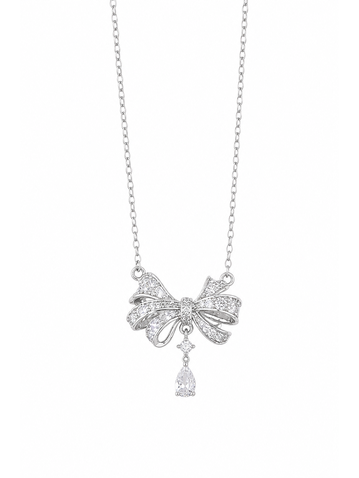 Rhodium Plated Zircon Bow Drop Necklace 1