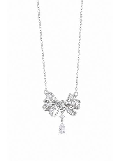 Rhodium Plated Zircon Bow Drop Necklace 1